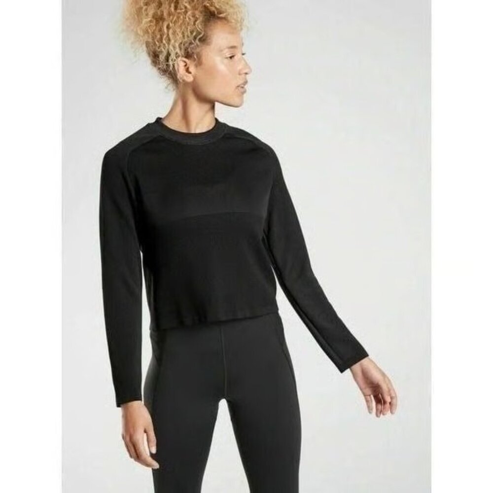 Athleta Women's Turbo Seamless Sweatshirt Cropped Long Sleeve Size Small Black